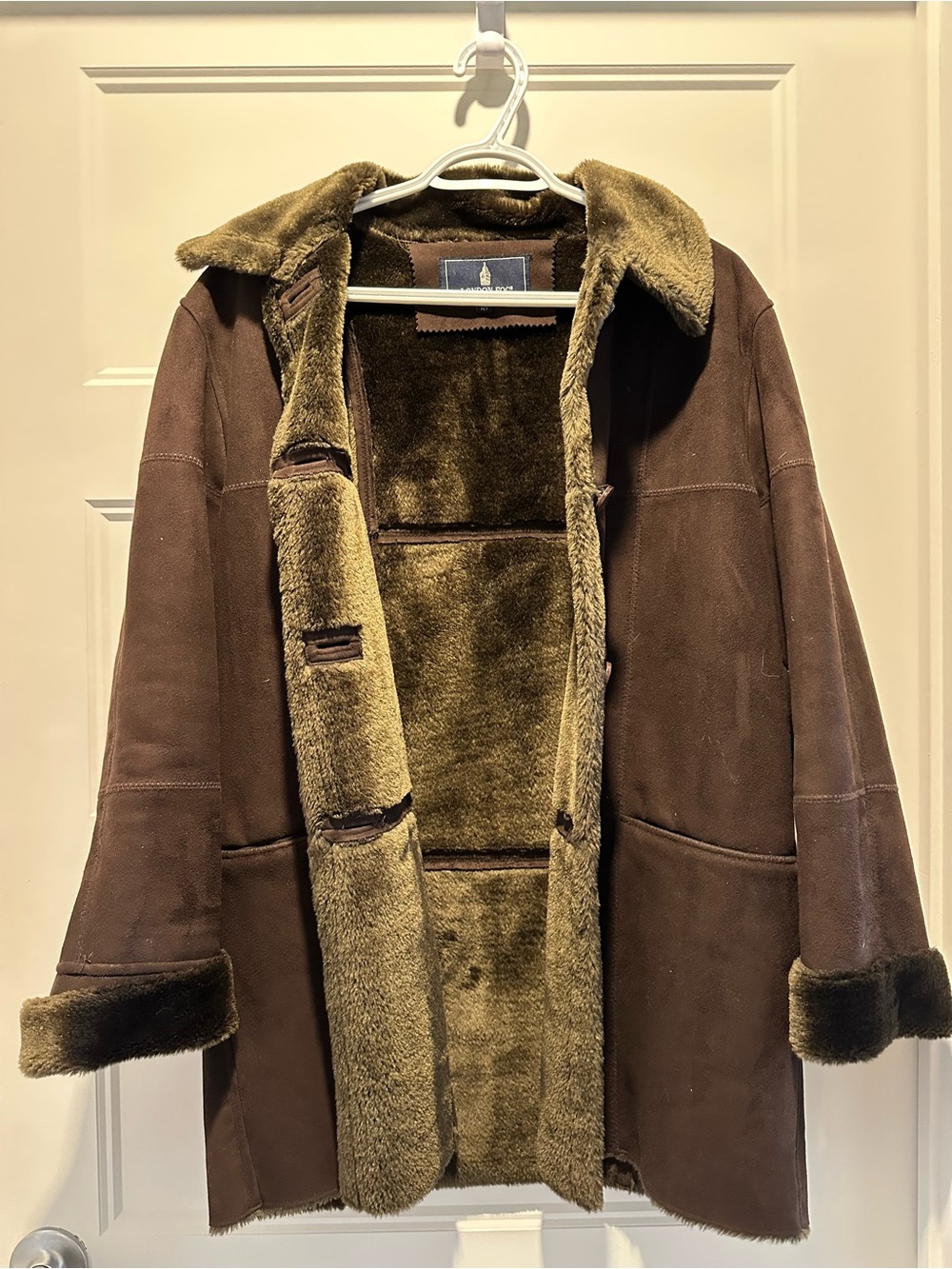 London Fog Brown Shearling Pea Coat with Olive Trim